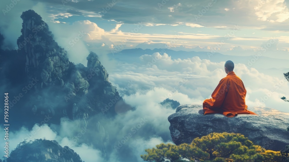 monk meditating on the top of a mountain generative ai Stock ...