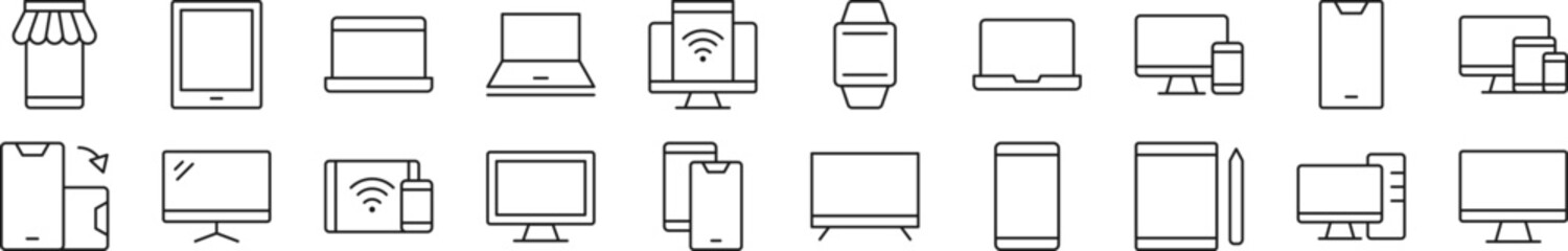 Wall Mural - Collection of thin signs of computers, phones, laptops. Editable stroke. Simple linear illustration for stores, shops, banners, design