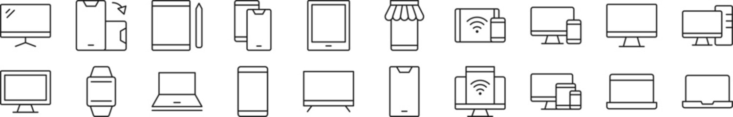 Wall Mural - Bundle of linear symbols of computers, phones, laptops. Editable stroke. Linear symbol for web sites, newspapers, articles book