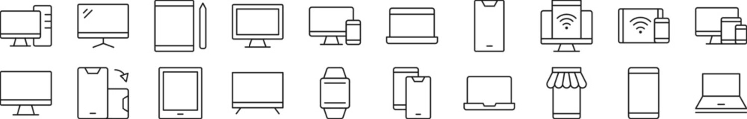 Wall Mural - Computers, phones, laptops linear vector icons collection. Editable stroke. Simple linear illustration for web sites, newspapers, articles book