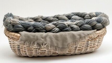 a basket filled with balls of yarn sitting on top of a white table next to a gray cloth on top of a wooden basket.