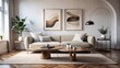Stylish Modernity, Light Gray Sectional, Round Wooden Coffee Table, Abstract Wall Accentuation, generative ai
