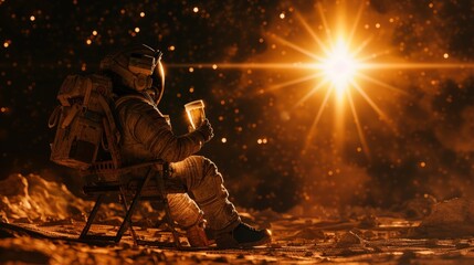 Wall Mural - astronaut, in a chair, while drinking beer on a planet generative ai
