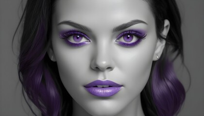 Design artwork, black and white young woman model portrait, purple make-up, lips and mascara