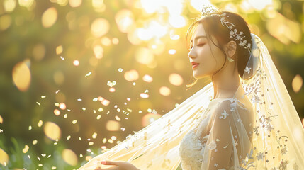 Sticker - asian bride in wedding dress in the golden light