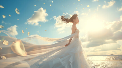 Sticker - asian bride in white wedding dress outside in the windy beach