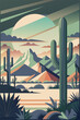 Stylized flat art illustration of highway landscape with cacti, mountains, and sunset sky, perfect for travel, adventure in arid southwest environment. Poster mexican background, Mexico backdrop