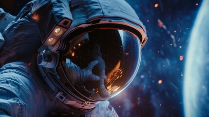 Wall Mural - closeup of an astronaut orbiting through space generative ai
