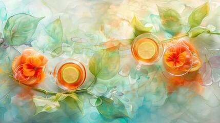 Wall Mural - a painting of oranges and green leaves with a tea cup in the middle of the picture and a lemon slice in the middle of the picture.