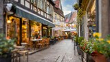 Generated image of cozy european street with restaurants and shops 