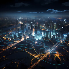 Canvas Print - A dynamic aerial view of a city skyline at night.