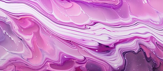 Poster - A detailed closeup of a painting featuring a vibrant mix of purple, violet, pink, and white marble patterns created with liquid art paint