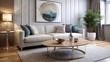 Elegant Modernity, Light Gray Sectional, Round Timber Coffee Table, Abstract Wall Display, generative ai
