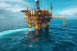Offshore drilling operation in open sea, marine fuel extraction.