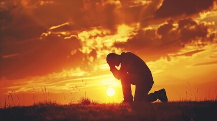 man praying in a sunrise, concept repentance and new life generative ai