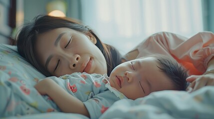 Young asian mom happy sleeping with newborn baby on bed at home. AI generated image