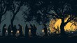 Evocative silhouette illustration depicting the parable of the ten virgins waiting with their lamps, a powerful biblical story