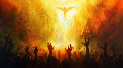 Wall Mural - Powerful Digital Painting of a Crowd of Worshippers Raising Their Hands in Reverence as the Holy Spirit Descends Upon Them, Symbolizing Spiritual Awakening and Divine Presence