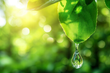 Wall Mural - a clean drop of water flows down a young fresh green leaf just after the rain, eco theme, generative AI