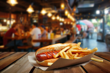 Wall Mural - juicy hot dog with sausage and french fries lie on a wooden table in a fast food restaurant, generative AI