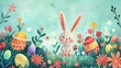 Whimsical Spring-Themed Digital Illustration Featuring Colorful Easter Eggs, Playful Bunnies, and Blooming Flowers, Creating a Festive and Joyful Holiday Background