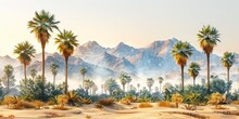 A Picturesque Desert Landscape With Rugged Mountains, Palm Trees, And A Vibrant Natural Beauty.