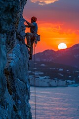 Fototapete - A daring mountaineer conquers a challenging alpine peak against a stunning backdrop at sunset.