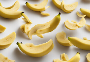 Wall Mural - Flying banana slices isolated on white background