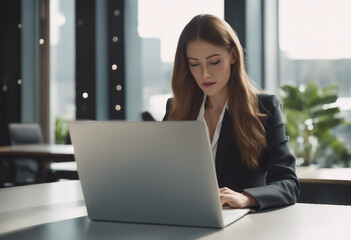 Wall Mural - Professional female employee or a businesswoman using a laptop in a modern office Copy space