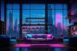 Living Room in Neon Gradient Light Blue, Turquoise and Purple Art of Double-Height with Large Window