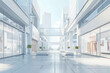 Downtown shopping mall concept in 3D illustration with square podiums in cityscape scene