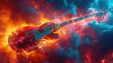 A guitar placed in the center of a vibrant and colorful backdrop, showcasing the beauty of the instrument against a lively setting.