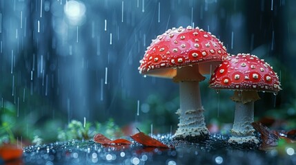 a couple of red mushrooms sitting on top of a lush green field under a rain soaked forest filled with lots of drops of water.