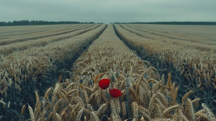 a field of wheat with two red poppys in the middle of the field and a gray sky in the background.