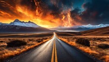 An Asphalt Road In The Middle Of Nowhere With Fire Flame And Spark Effects