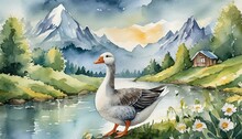 Watercolor Seamless Pattern With Goose Farm Bird. Tender Watercolor Illustration On A Isolated On Background. Domestic White And Gray Watercolor Cute Farm Bird. Hand Drawn Illustration Farm Birds
