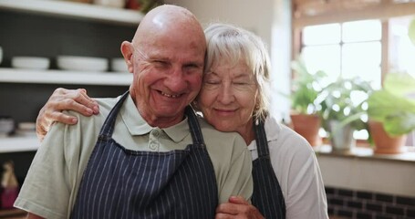 Wall Mural - Happy, face and old couple in kitchen hug with love, support and care in marriage or retirement. Elderly, man and woman embrace with kindness and gratitude for cooking dinner in home together