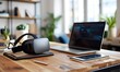 Next-Gen Office, Virtual Reality Headset Amid Laptop and Notepad