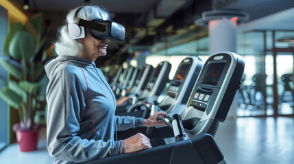 Wall Mural - Elderly old woman in sportswear jogging on a treadmill wearing virtual reality goggles in a gymnasium