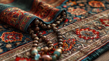 Canvas Print - A close up of a colorful rug with beads and other items on it, AI