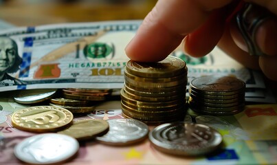 Aufkleber - Global Financial Balance, Euro Coin Amidst USD, GBP, and JPY