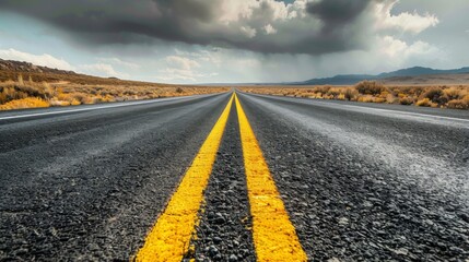 Wall Mural - A road with yellow lines and a cloudy sky in the distance, AI