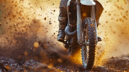 Canvas Print - A person riding a dirt bike through mud and dust, AI