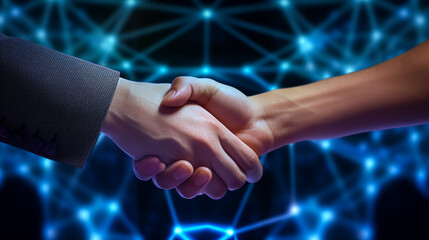 Wall Mural - Close up of two businessmen shaking hands in city with double exposure of blurry network interface and planet hologram. Concept of internet and partnership. Toned image