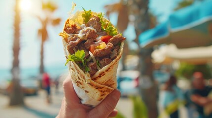 Wall Mural - A person holding a burrito with meat and vegetables in it, AI