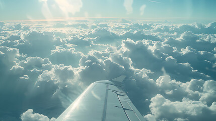 Wall Mural - Amidst a sea of fluffy white clouds, the wing of an airplane glides gracefully through the sky,