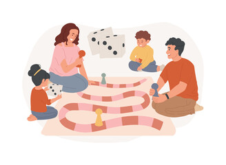 Wall Mural - Board games isolated concept vector illustration. Tabletop activities, strategic gaming, stay at home gamers, social isolation free time spending, family fun activity idea vector concept.