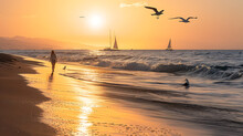 A Serene Beach At Sunset With A Lone Figure Walking Along The Shoreline, Seagulls Flying Overhead