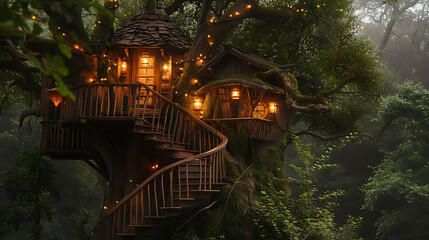 Wall Mural - A rustic tree house perched high in the forest canopy, surrounded by lush green foliage