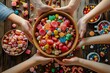 photo of top view from above, group hands hold big bowl with colorful candies and sweets on table full of different candy